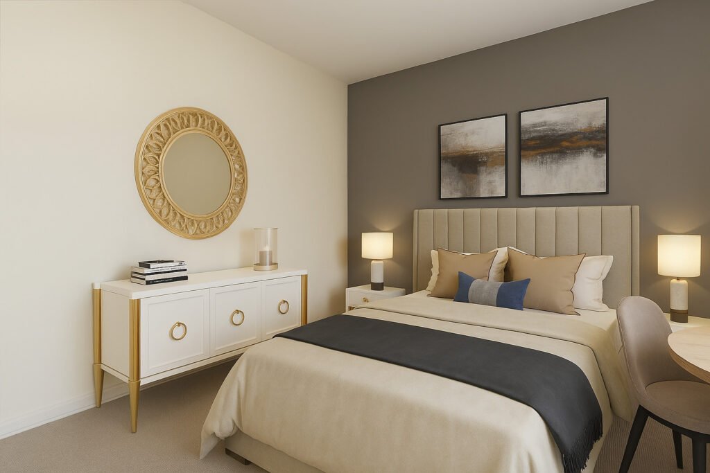 Professional cleaning service in Chicago for residential and Airbnb bedrooms with spotless furniture, linens, and decor.
