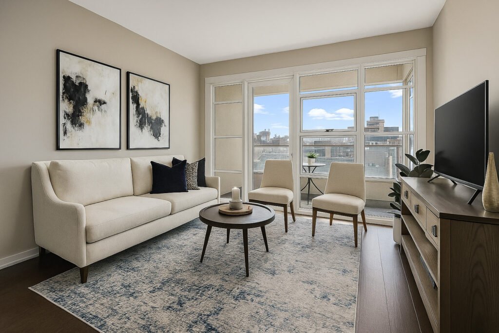 Living room cleaning service in Chicago for Airbnb and residential apartments, ensuring spotless floors, furniture, and windows.
