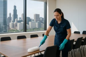 Office cleaning service in Chicago with professional staff dusting a conference room table.