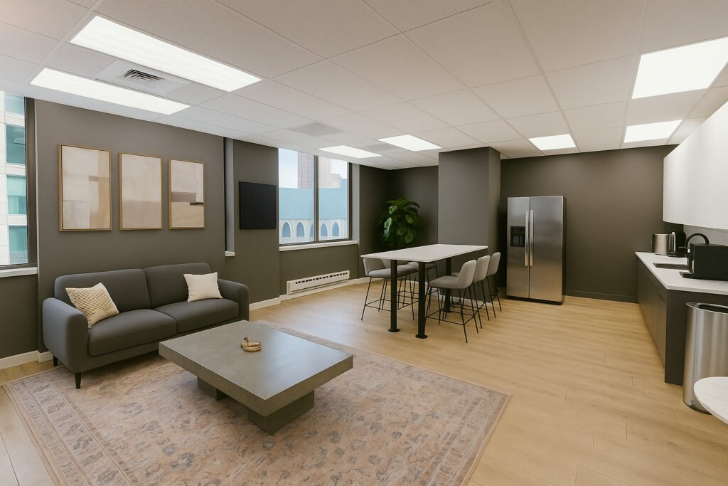 Chicago office cleaning service for common areas and breakrooms with spotless floors, furniture, and kitchen space.