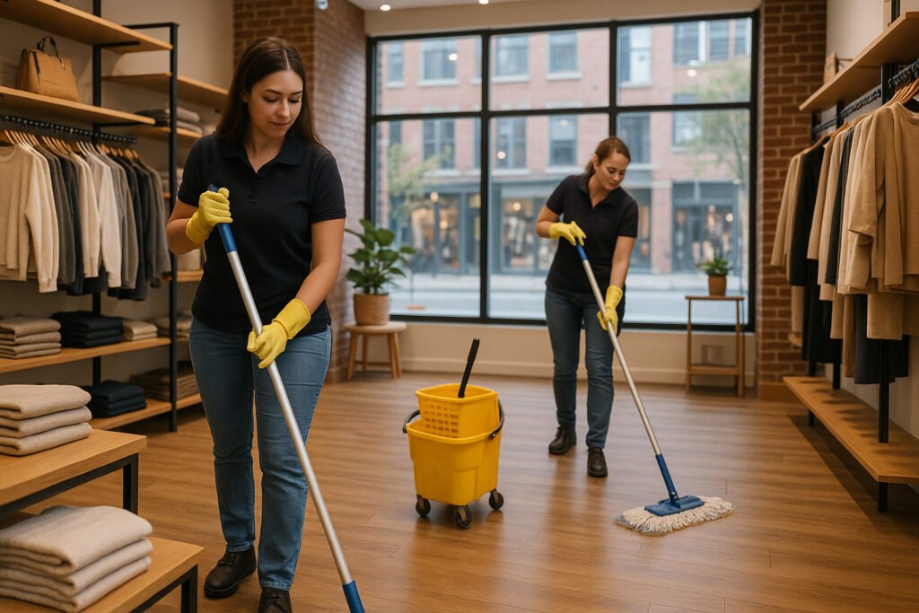 Commercial cleaning service in Chicago with professional staff mopping retail store floors.