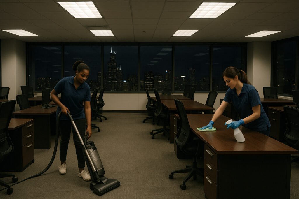 Office cleaning service in Chicago with professional cleaners vacuuming and sanitizing desks at night.