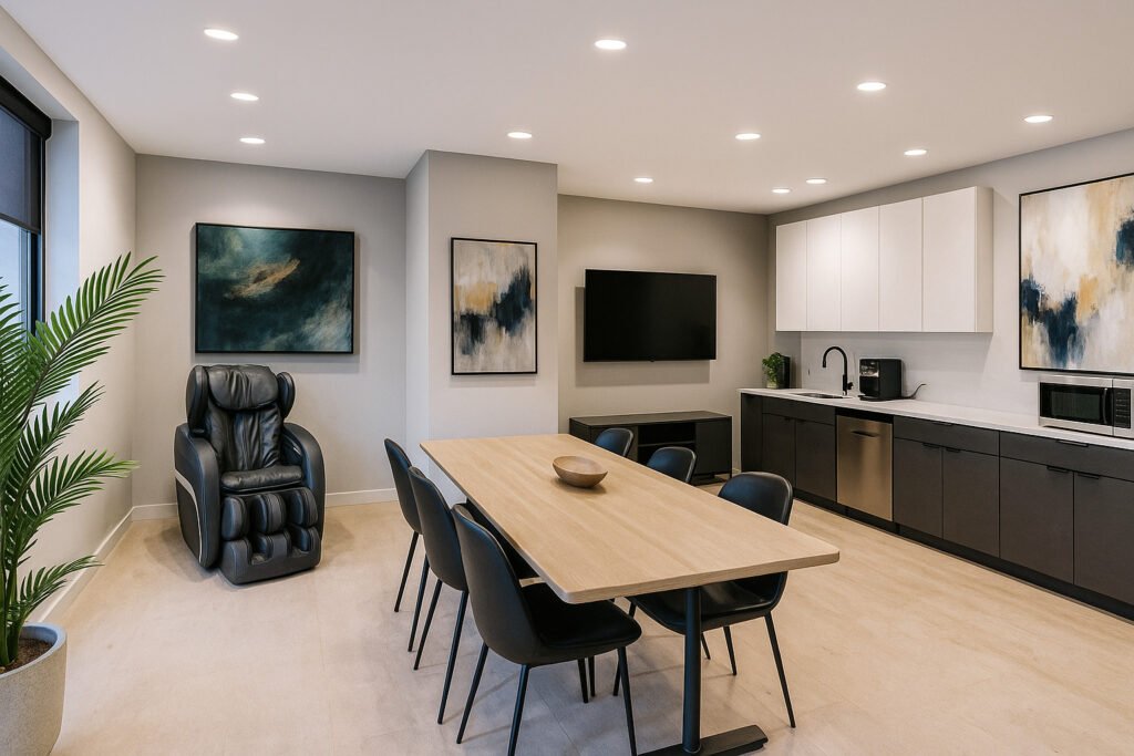 Office cleaning service in Chicago for modern breakrooms with spotless floors, tables, and kitchen areas.