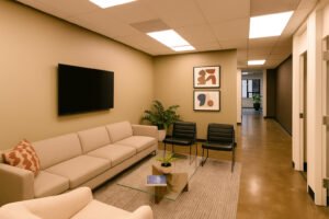 Commercial cleaning service in Chicago for office waiting areas with spotless floors, furniture, and common spaces.